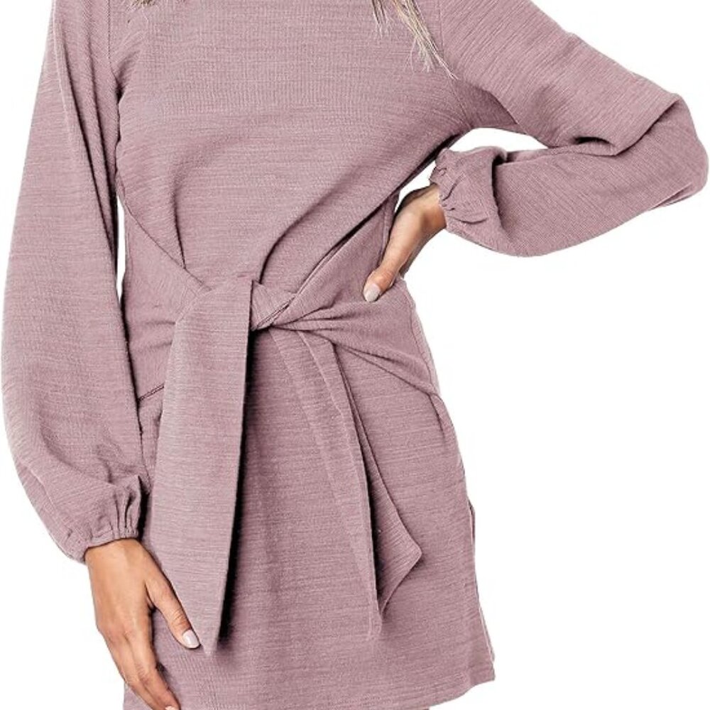 Rosey Purple Puff Sleeve Belted Tie Waist Long Sleeve Dress